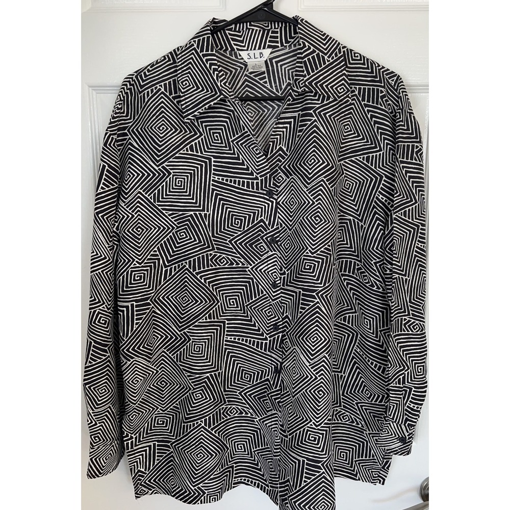 S.L.B. Button Down Shirt Womens Large Black White 100% Silk Geometric Op-Art L/S